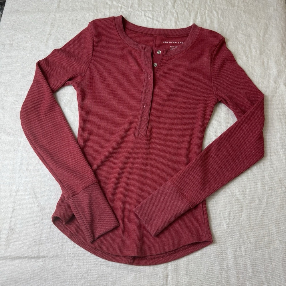 American Eagle Womens Y2K Thermal Henley Top Size XS Burgundy Bella Elena Slim